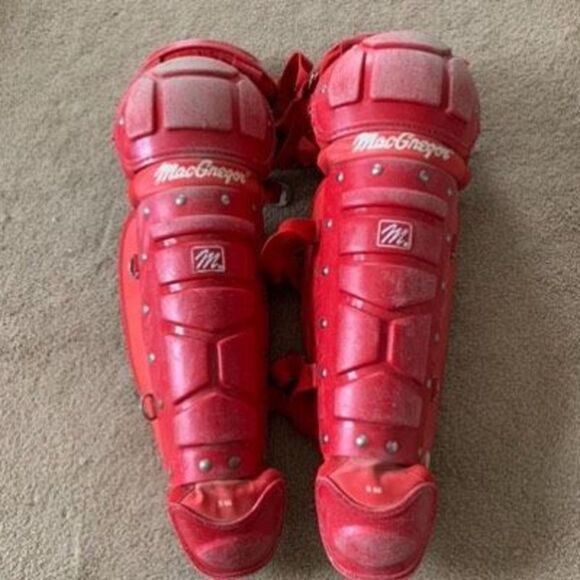 MacGregor B 66 Baseball Catcher Hockey Red Pair Of Shin Guards - Picture 1 of 9